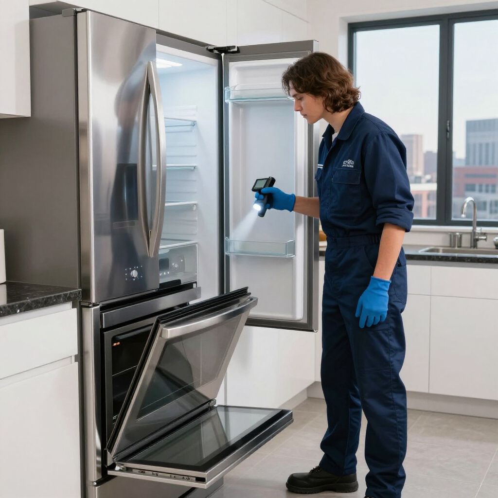 Person in blue jumpsuit inspects a refrigerator with a flashlight. Kitchen interior, stainless steel appliance.