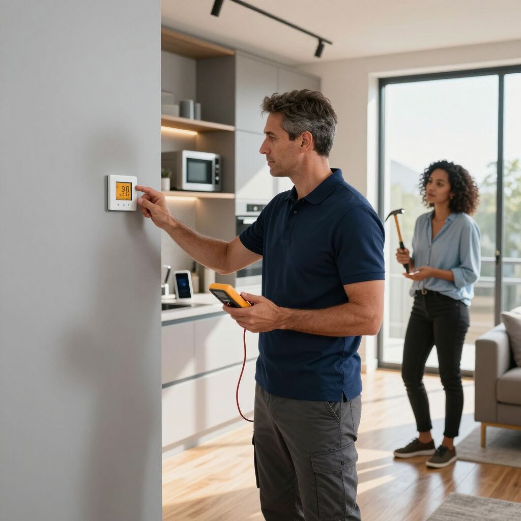 Man using a multimeter on a thermostat, a woman watches holding a hammer, in a home.