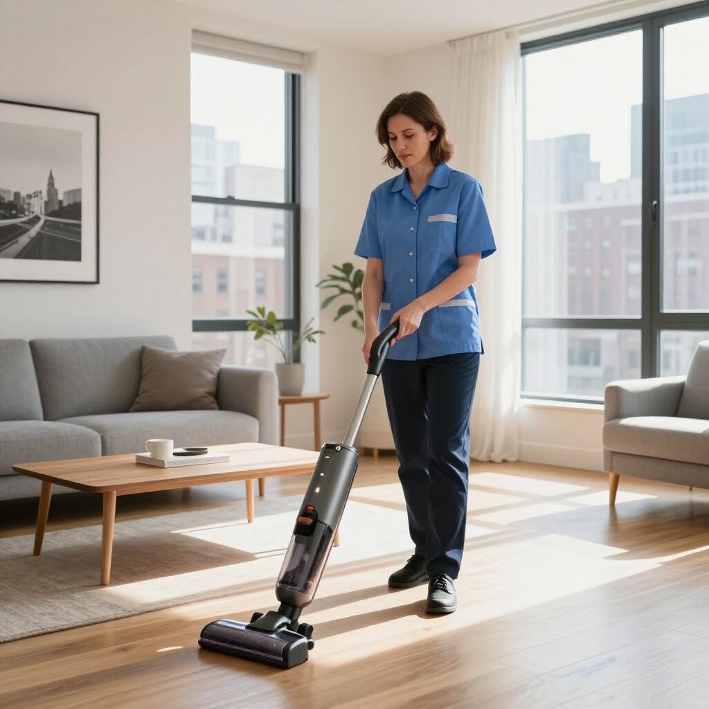Woman in blue uniform vacuums a wooden floor in a sunlit living room.