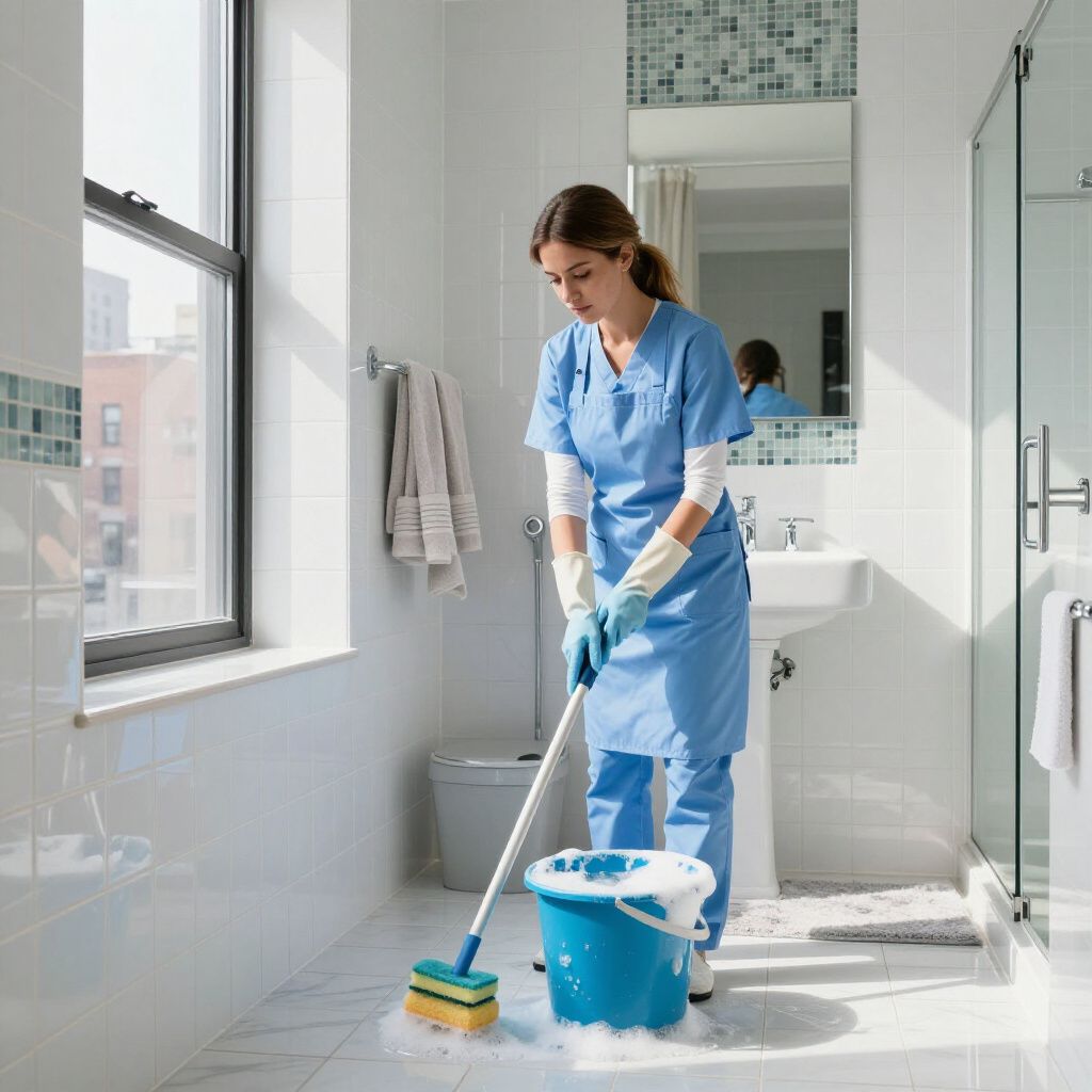 Woman in blue scrubs mops a bathroom floor with a bucket of soapy water and a window.