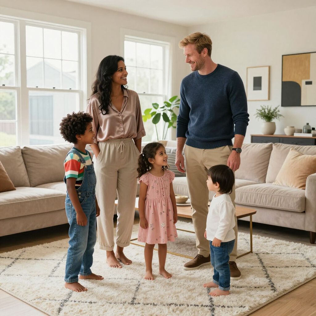 Family of five smiles in their living room. Two parents stand with three young children.