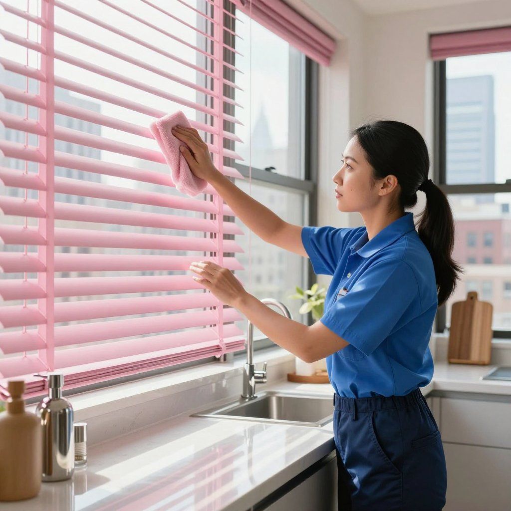 Woman in blue cleaning pink window blinds with a pink cloth in a kitchen with a city view.