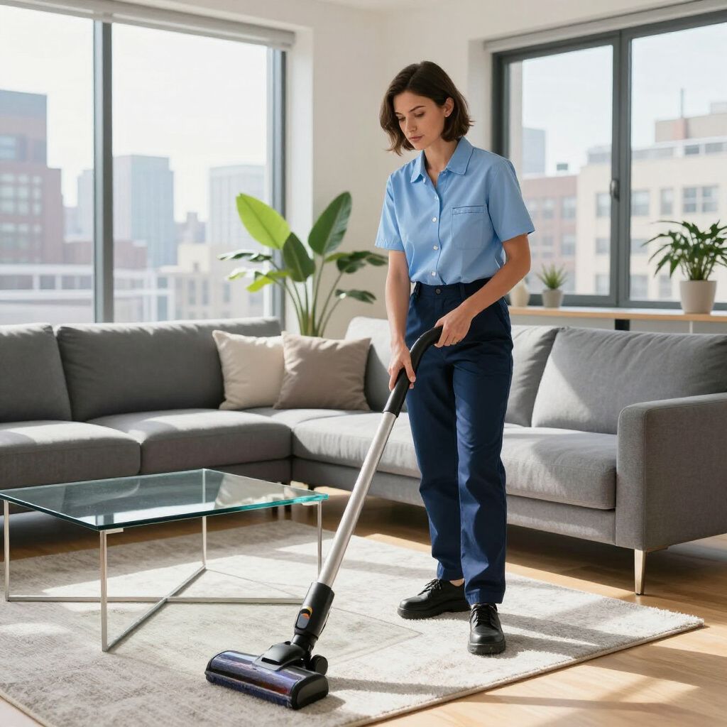 Woman vacuums carpet in a living room, holding a stick vacuum.