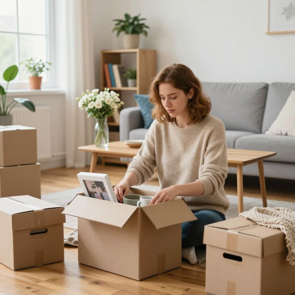 Woman packing belongings in cardboard boxes in a living room.