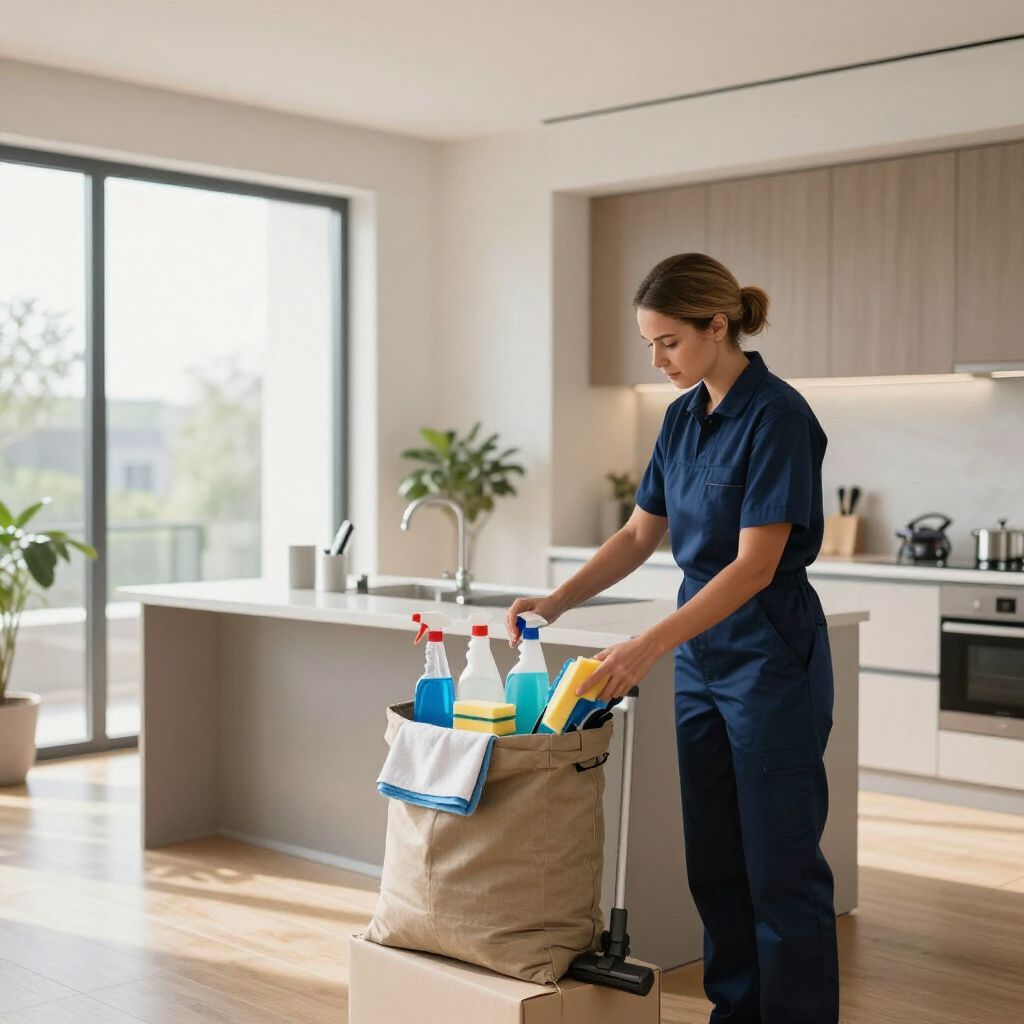Person in blue uniform organizes cleaning supplies in a modern kitchen with natural light.