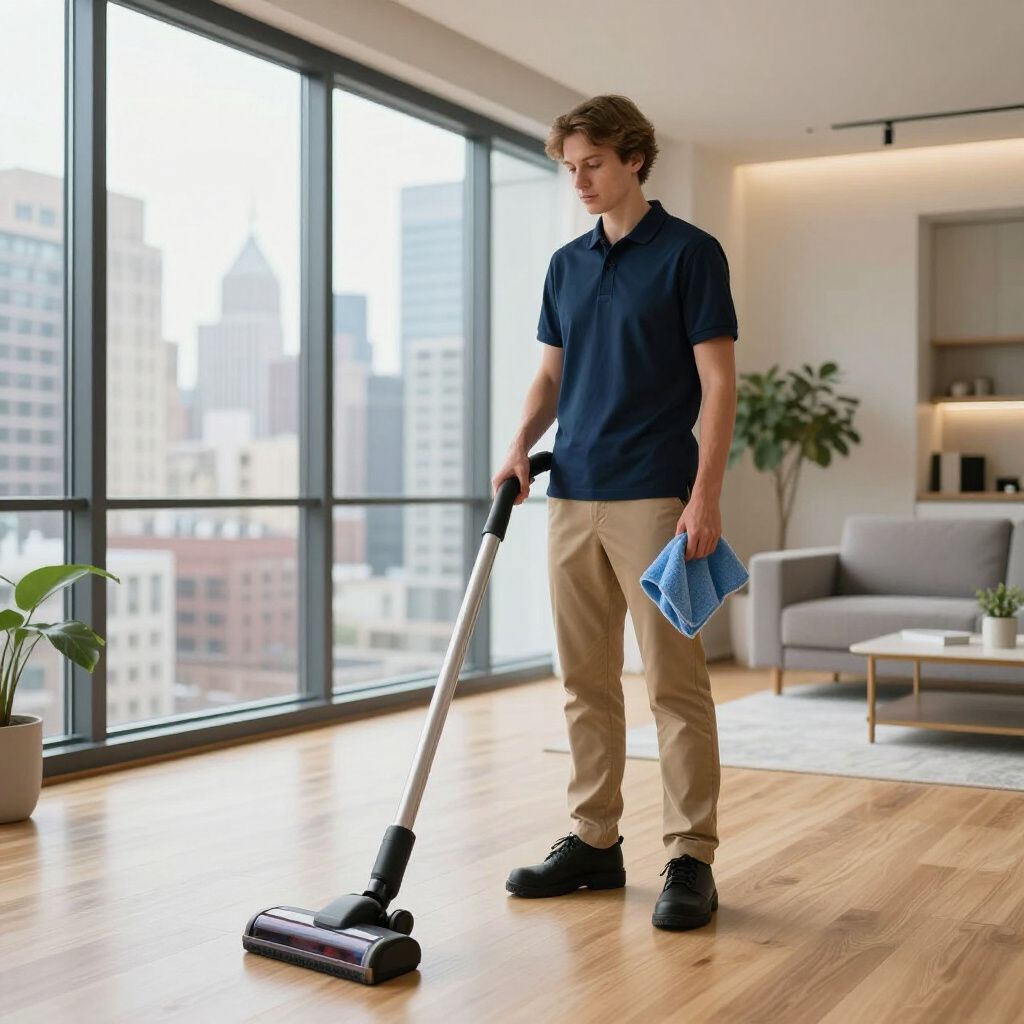 Man vacuuming a hardwood floor in a modern apartment. He's holding a cloth, wearing a blue shirt and khakis.