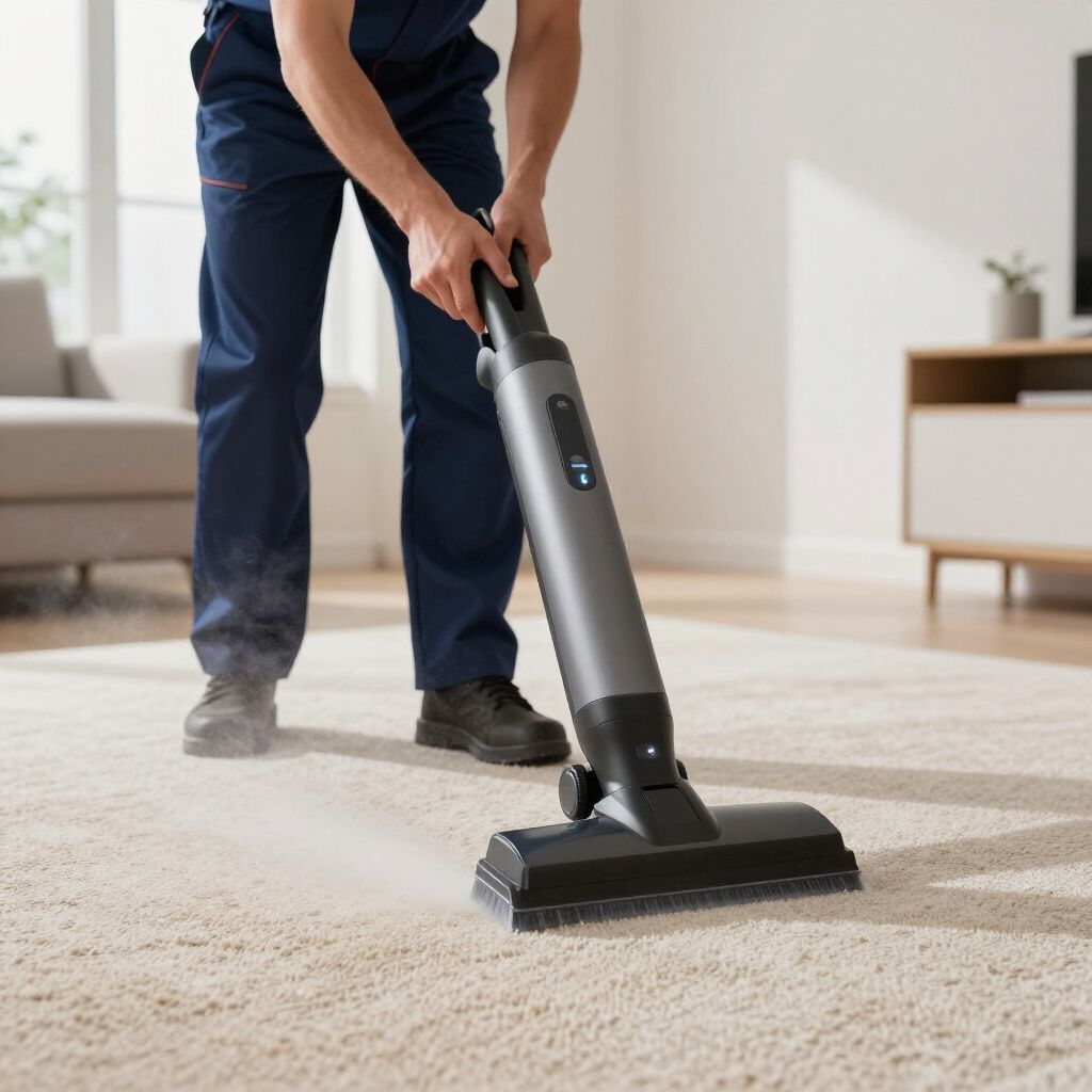 Person in blue uniform using a steam cleaner on a beige carpet indoors.