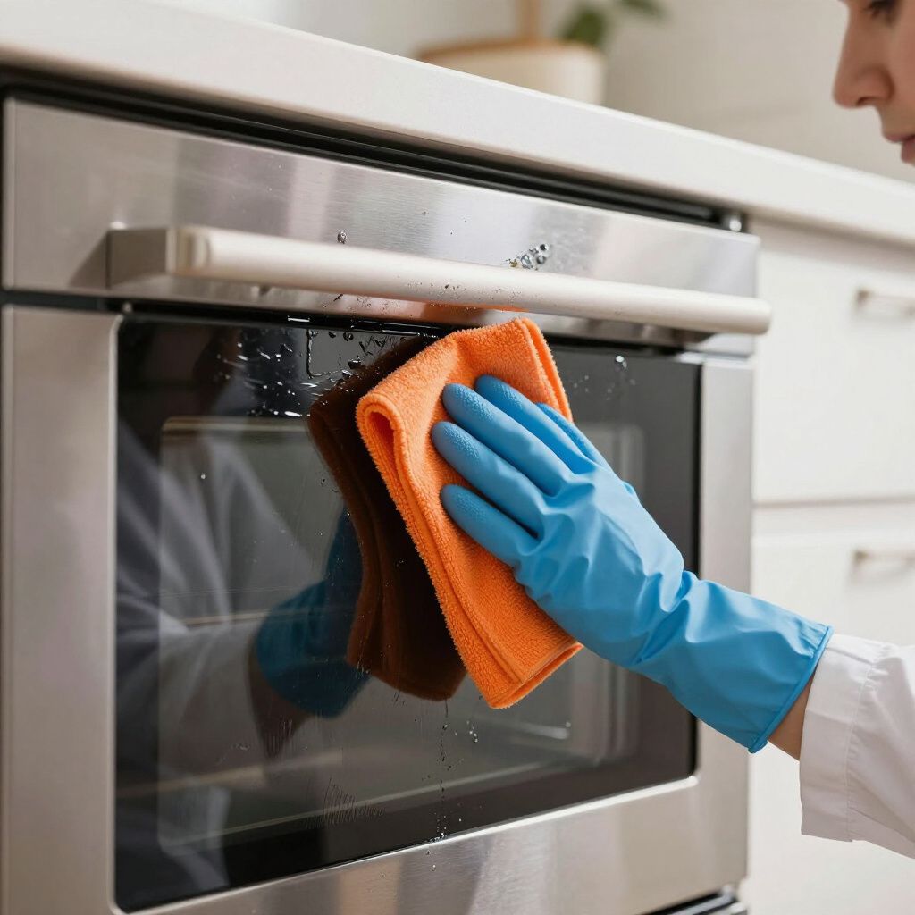 Person wearing blue gloves wiping the glass door of a stainless steel oven with an orange cloth.