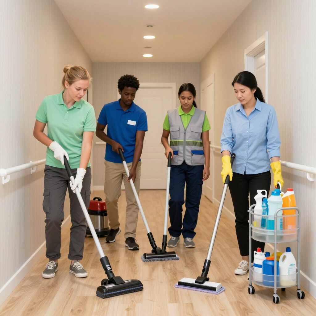 Four people cleaning a hallway with mops and cleaning supplies.