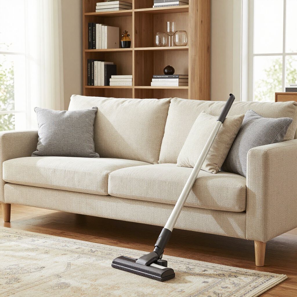 A vacuum cleaner cleaning a patterned rug in a living room with a beige sofa and wooden bookcase.