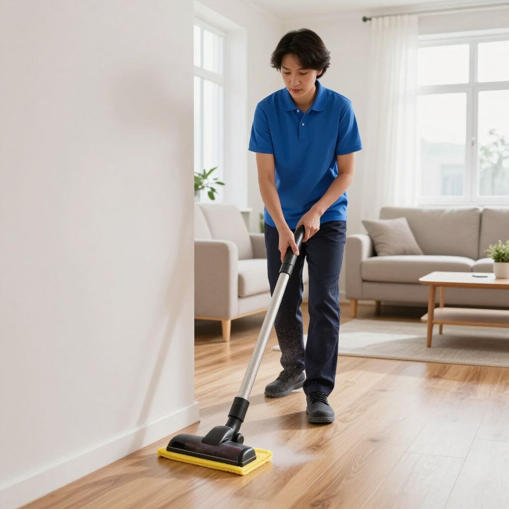 Person vacuums a hardwood floor in a living room, wearing a blue shirt and jeans.