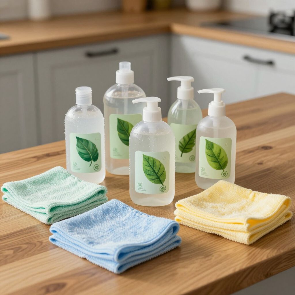 Bottles of cleaning solution and colorful microfiber cloths arranged on a wooden countertop.