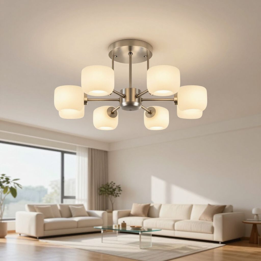 Modern living room with a six-light chandelier, two couches, and a large window.