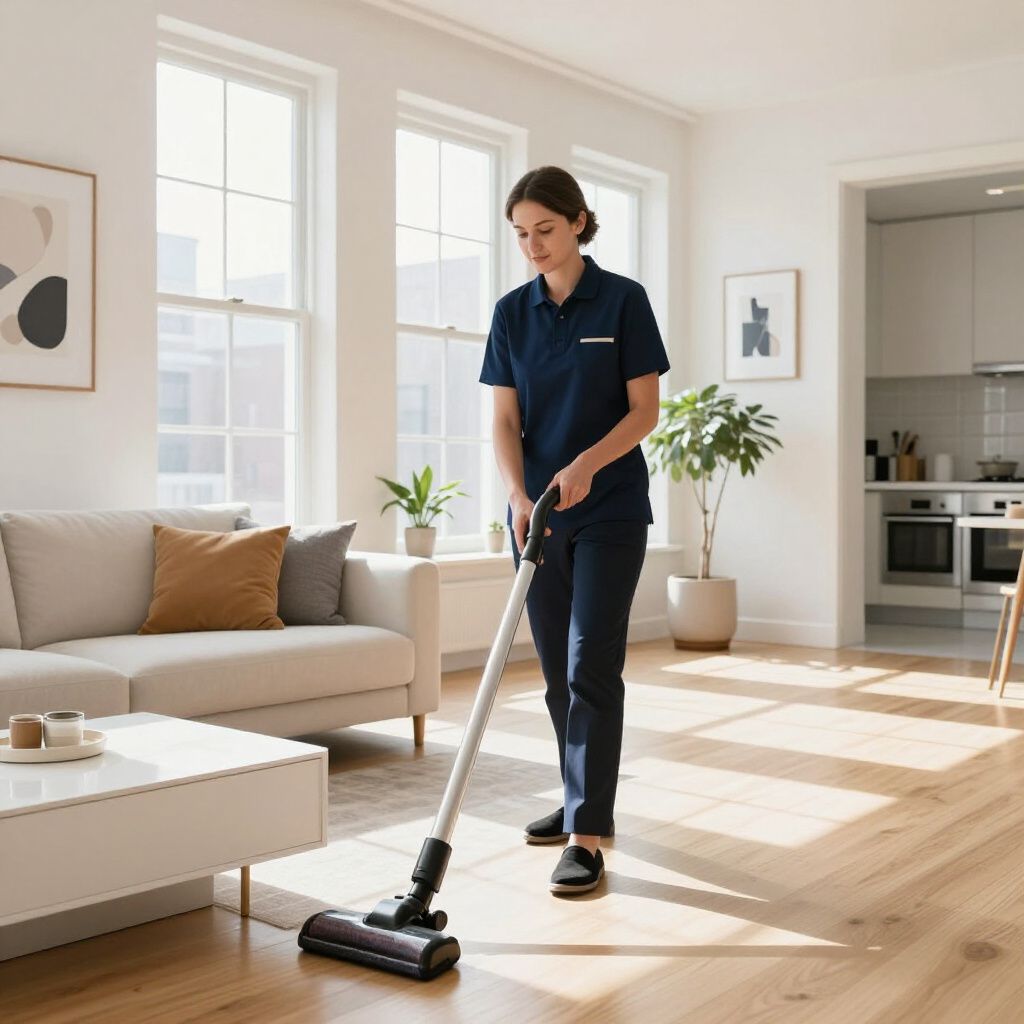 Woman in a blue uniform vacuums a hardwood floor in a bright living room.