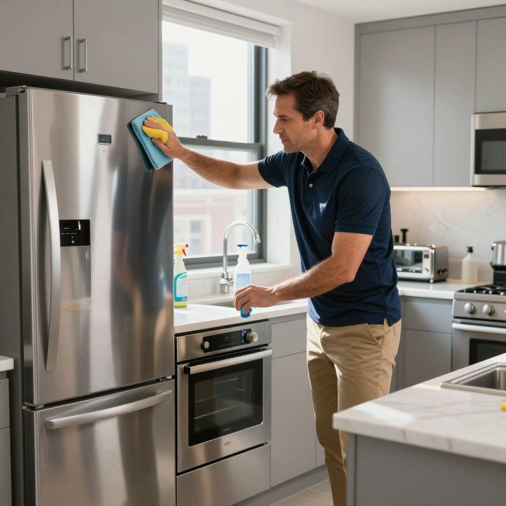 Man cleaning a stainless steel refrigerator in a kitchen with a spray bottle and cloth.