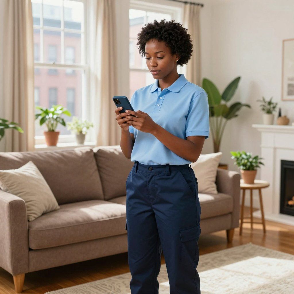 Woman in blue uniform looks at phone in a living room with sofa, fireplace, and plants.