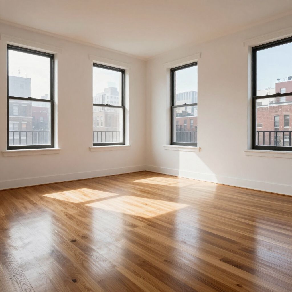 Empty room with hardwood floors, white walls, and three windows overlooking a city.