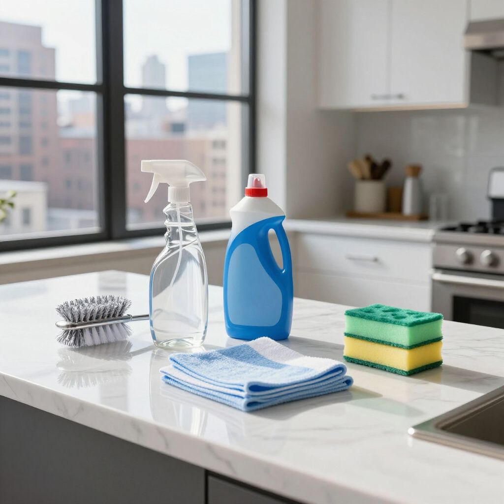 Cleaning supplies on a kitchen countertop: spray bottle, cleaner, brush, cloth, and sponge.