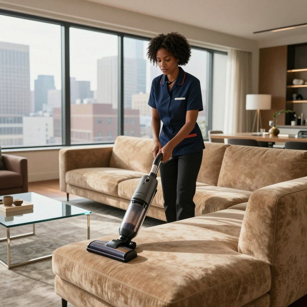 Person in uniform vacuums a beige couch in a living room with city view.