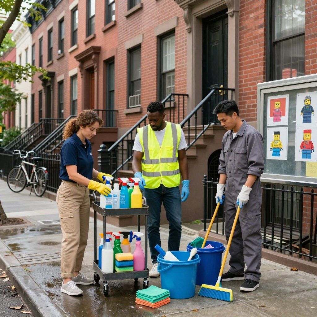 Three people cleaning a city street; one with a cart of supplies, two sweeping. Brick buildings in background.