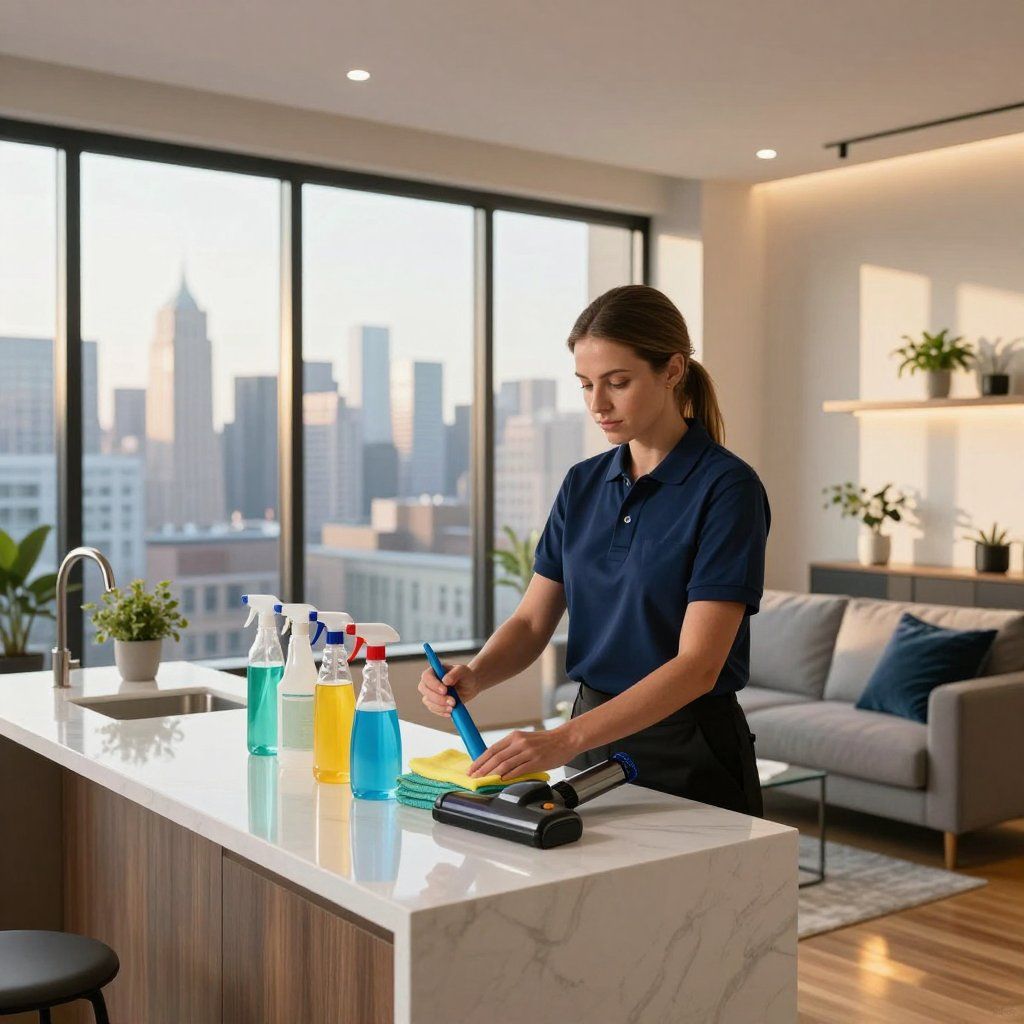 Woman cleaning a kitchen counter with cleaning supplies in a modern apartment overlooking a city skyline.