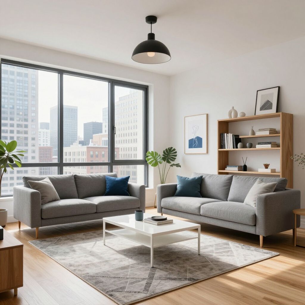Living room with gray sofas, a white coffee table, and large window overlooking a city.
