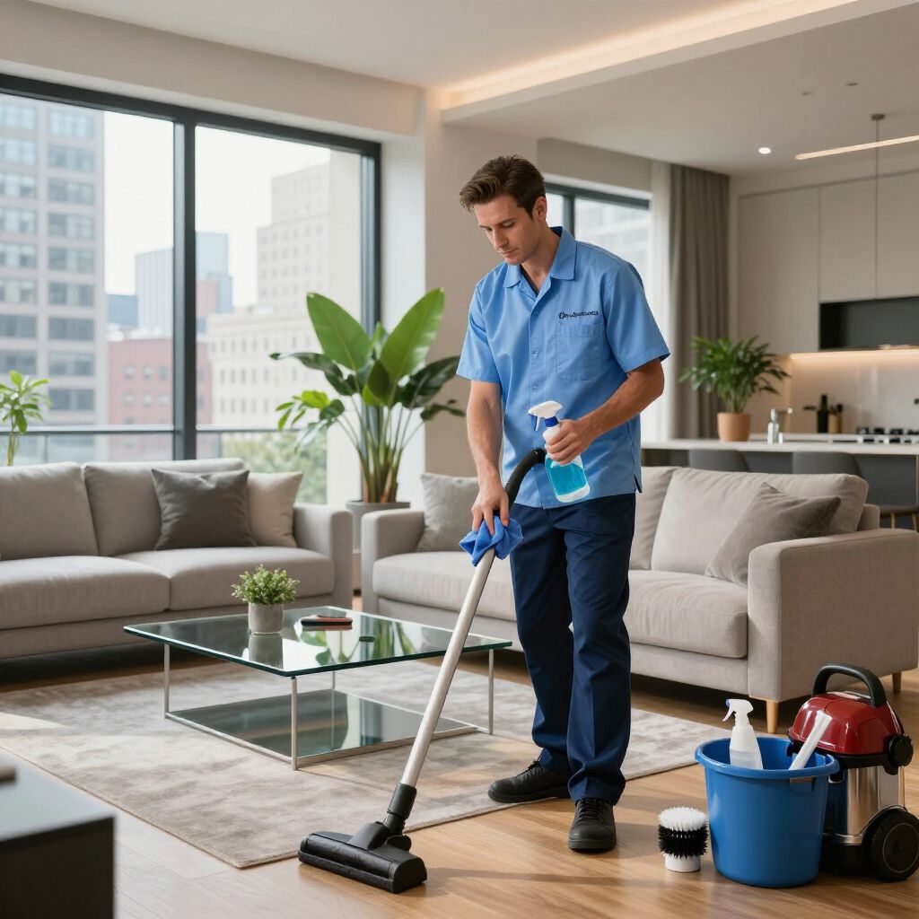 A person vacuums a living room, holding a spray bottle. Beige sofa, plants, and cityscape visible.