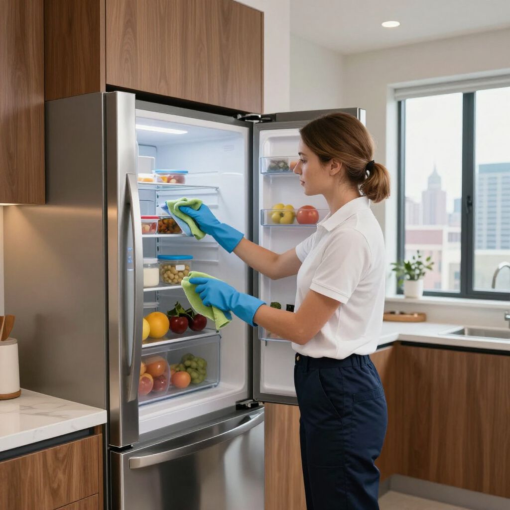 Woman cleaning the inside of a stainless steel refrigerator with a blue cloth and wearing blue gloves in a kitchen.