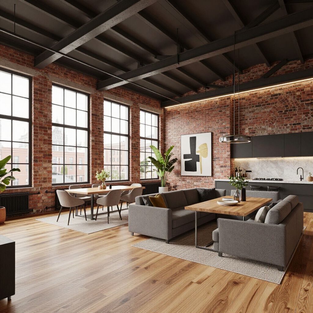 Loft interior with exposed brick walls, wooden floors, and large windows. Includes a kitchen, dining, and living area.