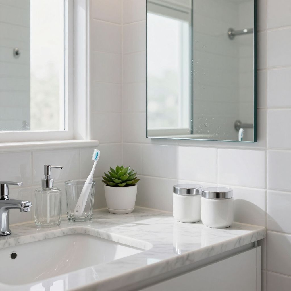 Bathroom counter with sink, mirror, and toiletries in a white-tiled room.