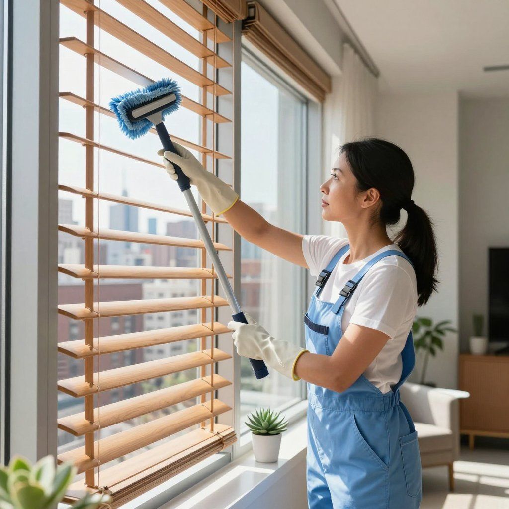 Woman in blue overalls cleans window blinds with a long-handled duster; interior shot, sunny day.