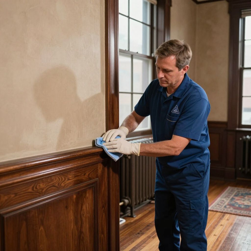 Man in blue uniform cleans wooden trim with a cloth. Gloves, indoor setting.