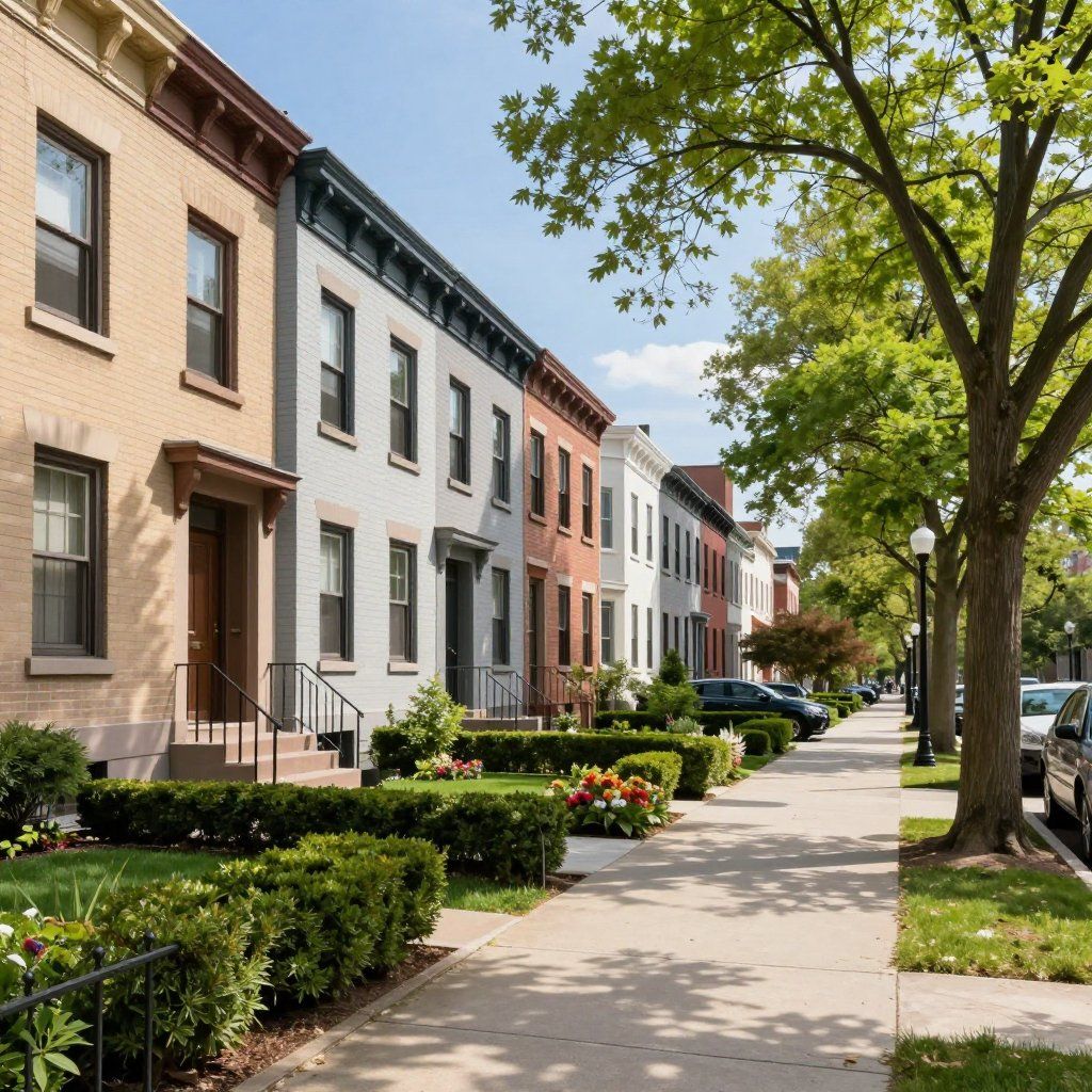 Row of colorful brick townhouses with sidewalks, trees, and parked cars on a sunny day.