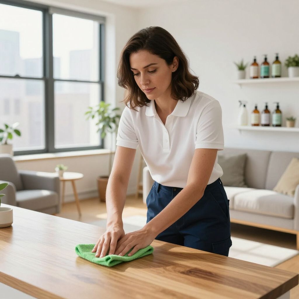 Woman wiping a wooden countertop with a green cloth in a bright living room.