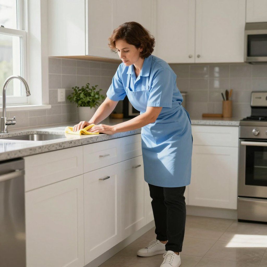 Woman wearing a blue uniform wiping a kitchen countertop in a bright kitchen.