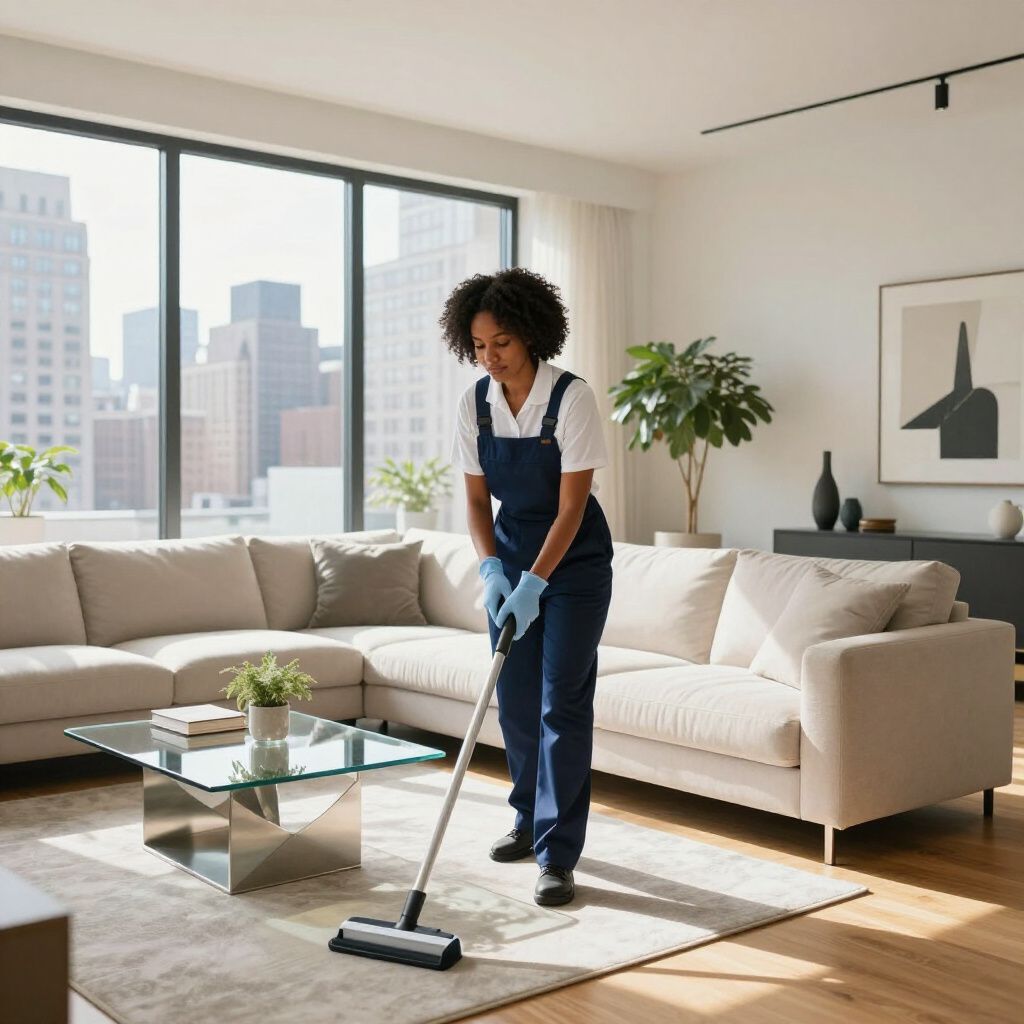 Person in blue overalls vacuuming carpet in a modern living room with a city view.