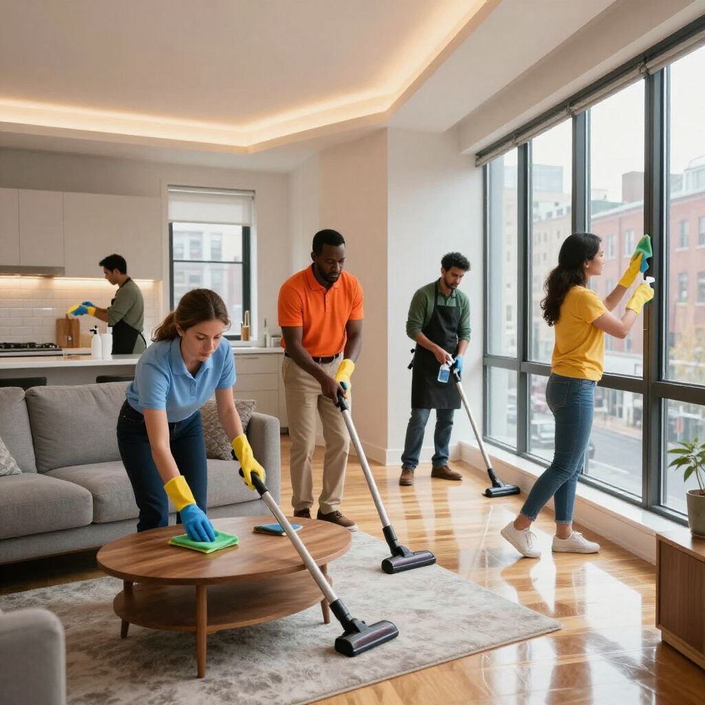 People cleaning an apartment. Several use vacuums, a woman wipes, and another cleans a window.