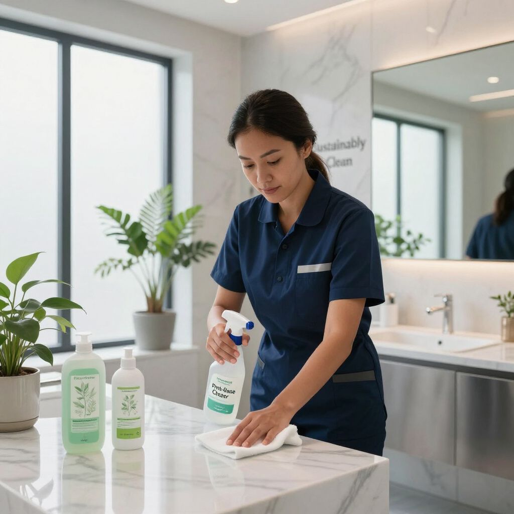 Woman in blue uniform cleaning a bathroom countertop with a spray bottle and cloth.