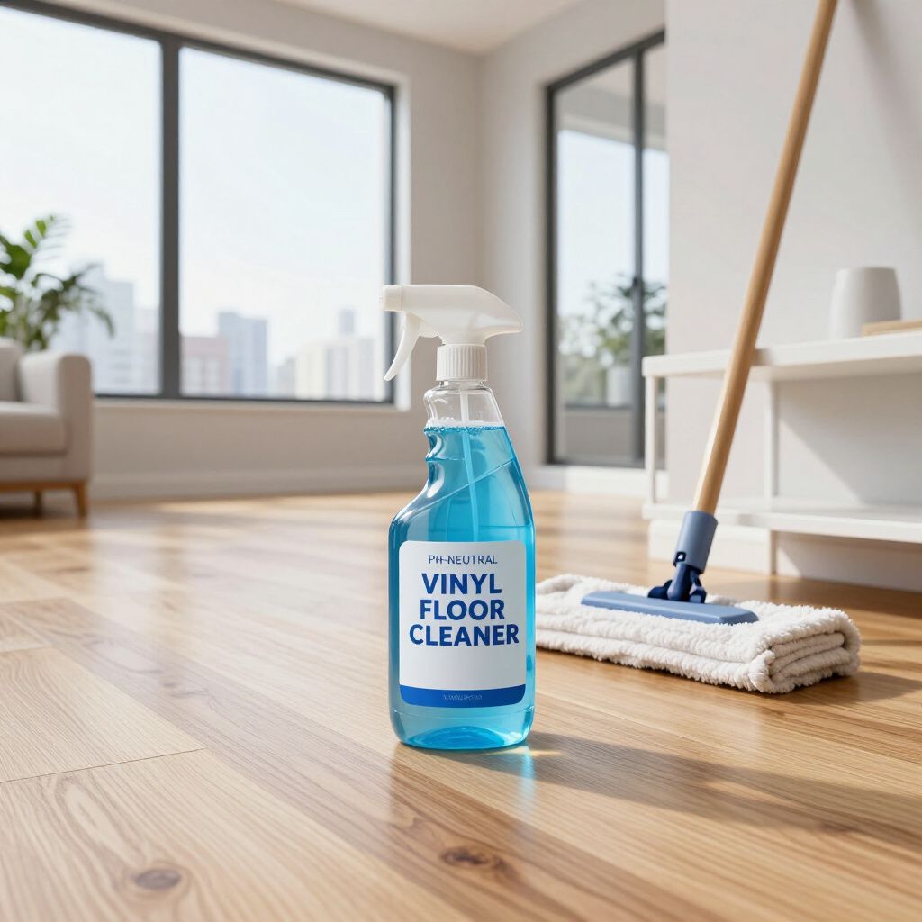 Bottle of vinyl floor cleaner on a hardwood floor, next to a mop. Bright room, natural light.