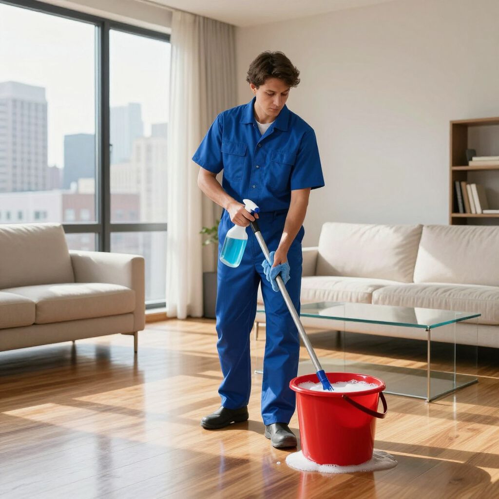 A person in blue cleaning uniform mops a hardwood floor in a well-lit living room with city view.