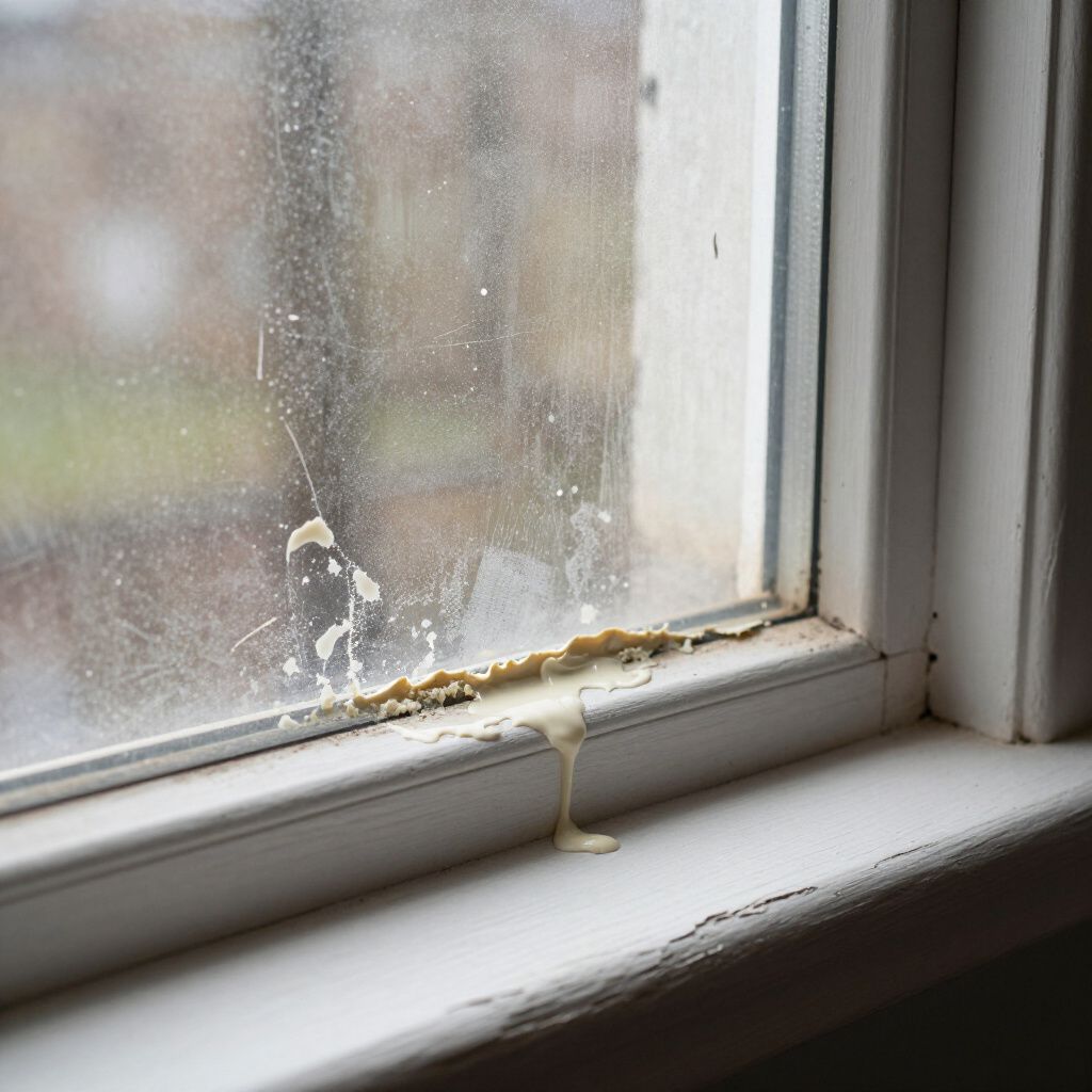 Window with peeling white paint and condensation streaks, light beige drips at the bottom.
