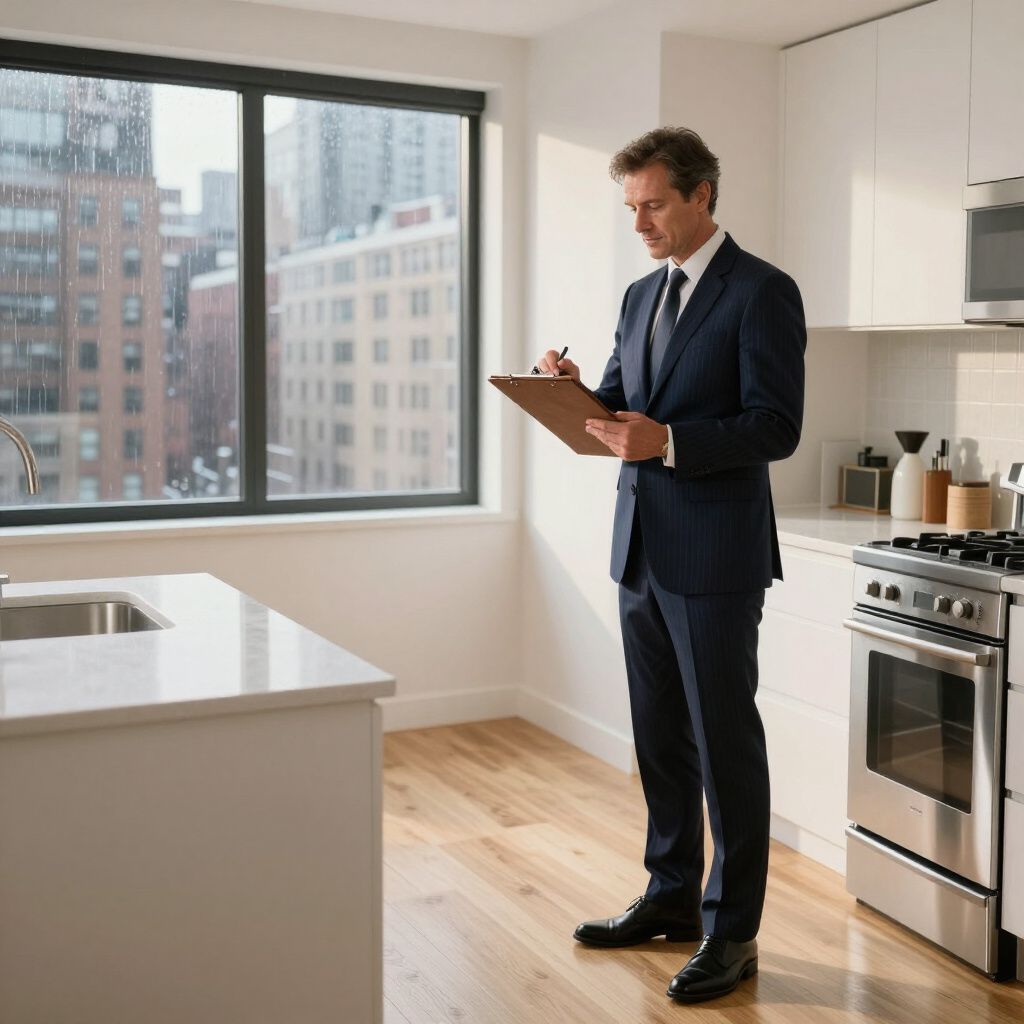 A person in a suit, writing on a clipboard in a modern kitchen with a cityscape view.