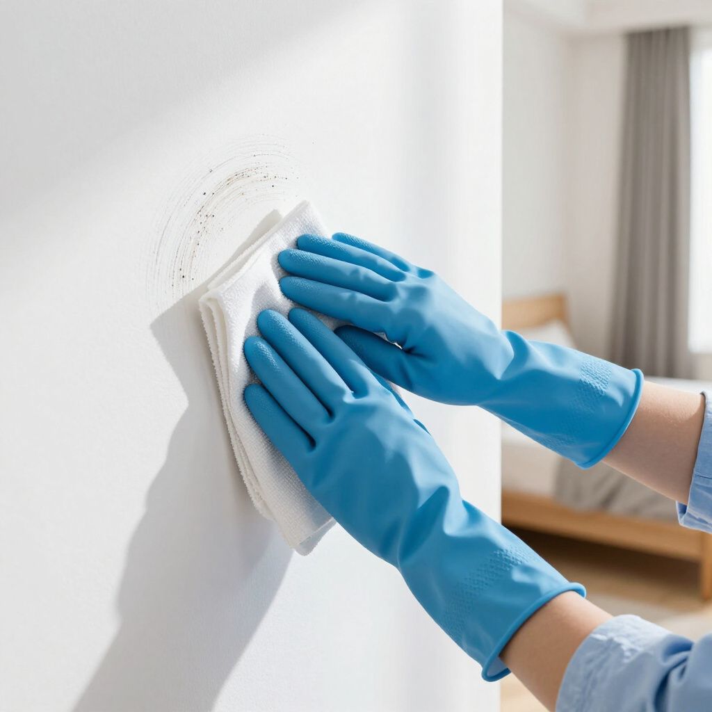 Hands in blue gloves wiping a dirty spot on a white wall with a white cloth.