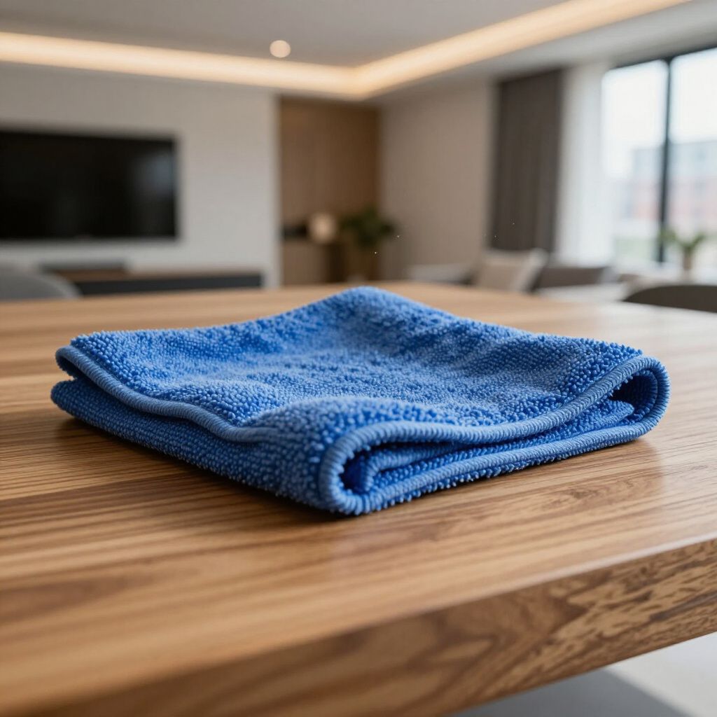 Blue microfiber cloth folded on a wooden table in a living room.