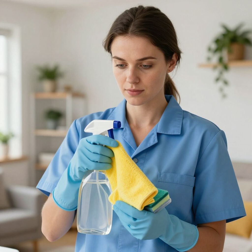 Woman in blue uniform and gloves spraying cleaner onto a yellow cloth, indoors.