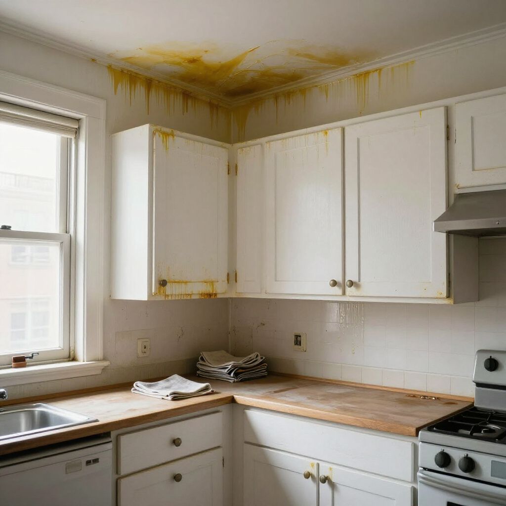 Kitchen with water damage to ceiling, cabinets, and walls; stained, yellow discoloration.