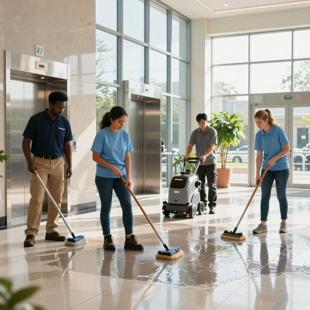 Four people cleaning a building lobby: two mopping, one with a machine, and one supervising.