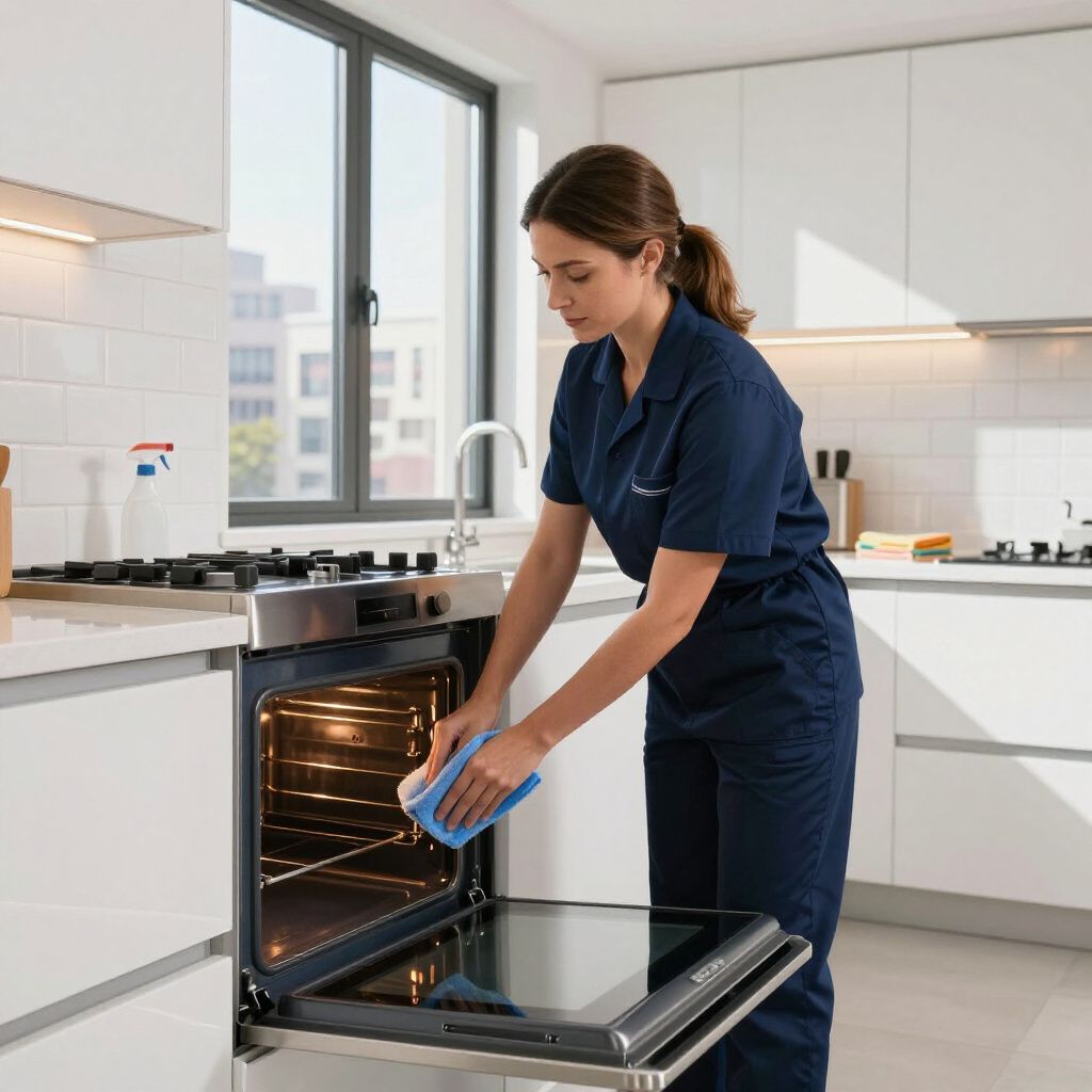 Woman cleaning an oven in a modern kitchen. She is using a blue sponge.