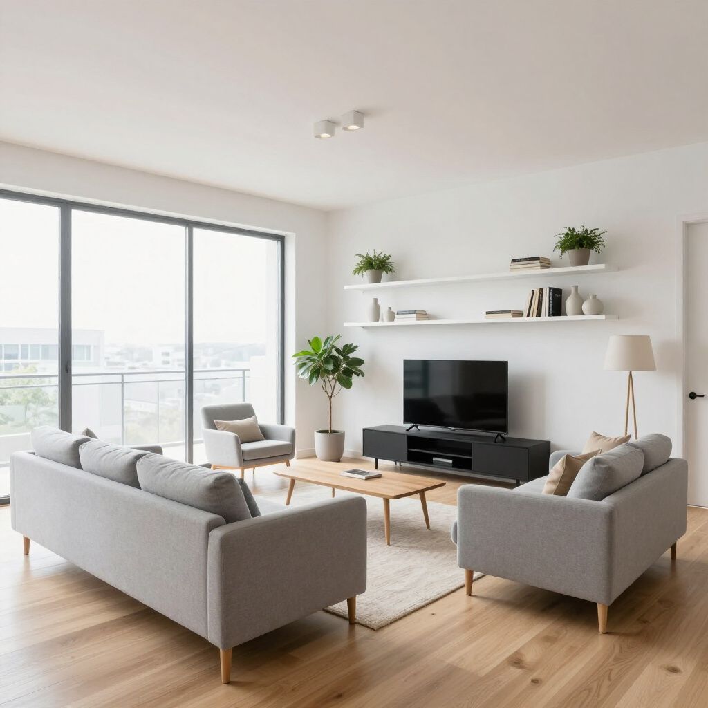 Modern living room with light gray furniture, wooden floors, and large window.