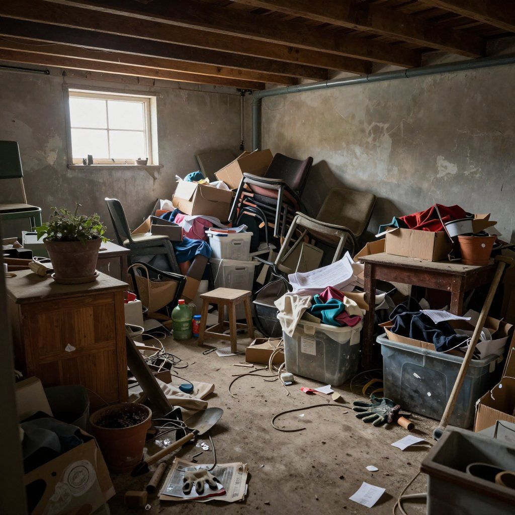 Cluttered basement with boxes, furniture, and tools. Window provides natural light.